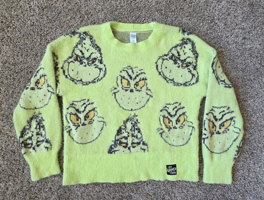 Justice x The Grinch Girls XL 16/18 Fuzzy Knit Sweater Neon Green All Over Print